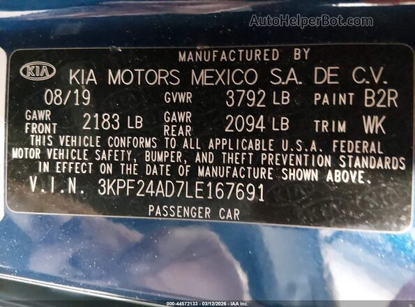 3KPF24AD7LE167691 2020 KIA FORTE Blue ძრავის განყოფილების ხედი