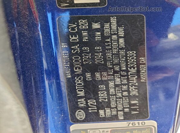 3KPF24AD7ME309538 2021 KIA FORTE Blue Widok komory silnika