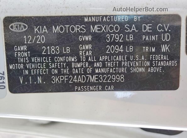 3KPF24AD7ME322998 2021 KIA FORTE White Շարժիչի բաժամունքի տեսք