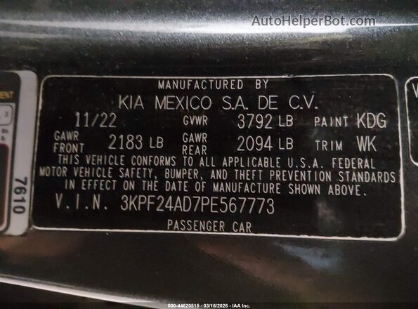 3KPF24AD7PE567773 2023 KIA FORTE Gray 