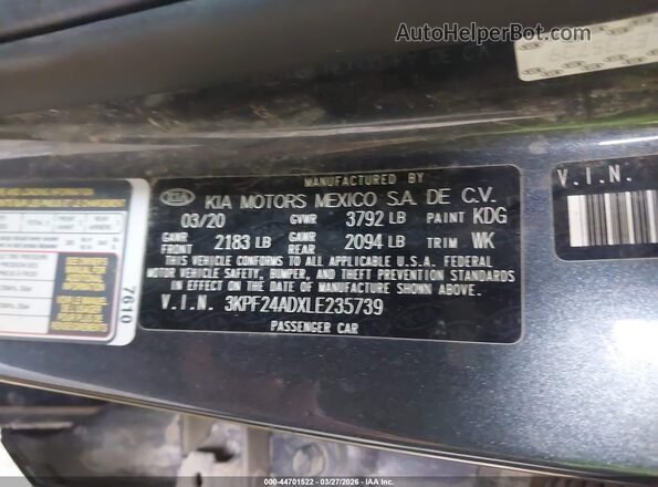 3KPF24ADXLE235739 2020 KIA FORTE Gray 