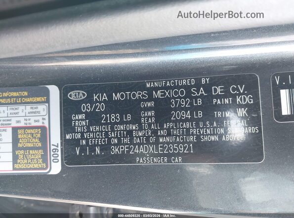 3KPF24ADXLE235921 2020 KIA FORTE Gray Engine compartment view