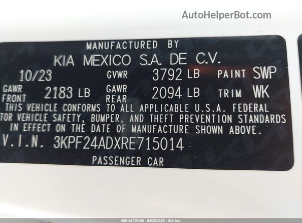3KPF24ADXRE715014 2024 KIA FORTE White ძრავის განყოფილების ხედი