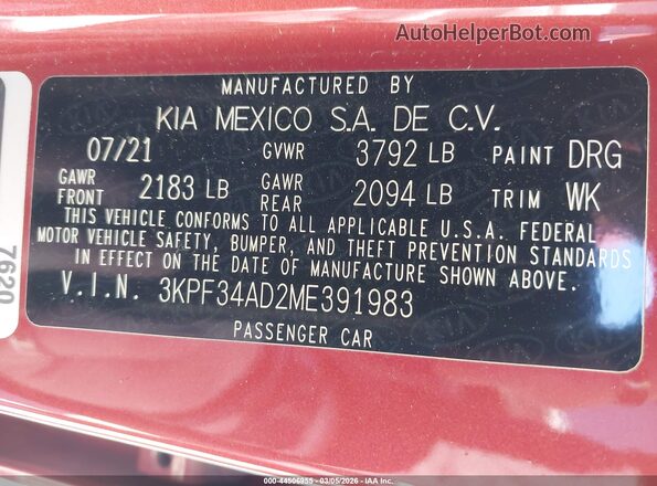 3KPF34AD2ME391983 2021 KIA FORTE Оранжевый Вид подкапотного пространства