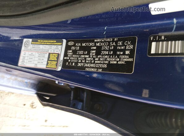 3KPF34AD4KE029506 2019 KIA FORTE Blue 