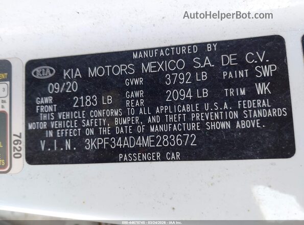 3KPF34AD4ME283672 2021 KIA FORTE White ძრავის განყოფილების ხედი