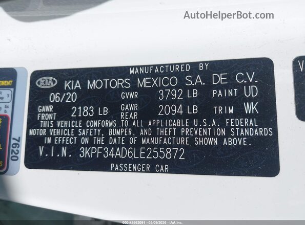 3KPF34AD6LE255872 2020 KIA FORTE White Вид підкапотного простору