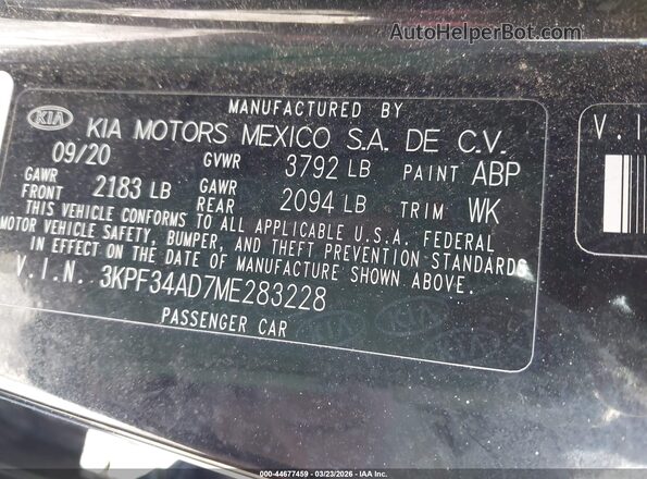 3KPF34AD7ME283228 2021 KIA FORTE Черный Вид подкапотного пространства