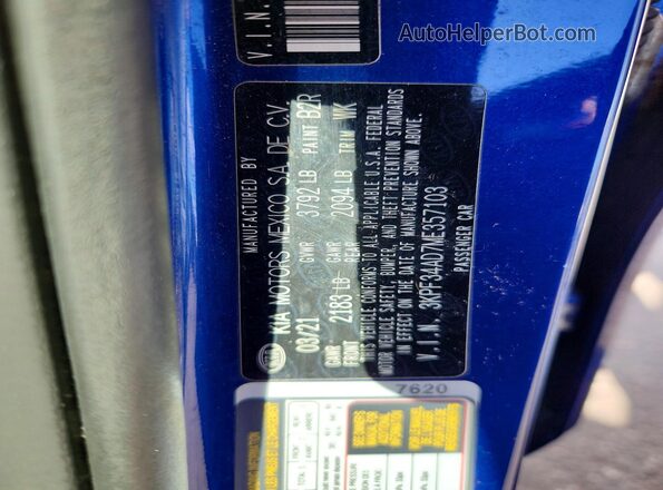 3KPF34AD7ME357103 2021 KIA FORTE Blue Вид наклейки з VIN-кодом