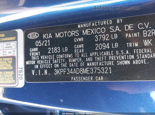 3KPF34AD8ME375321 2021 KIA FORTE Blue Շարժիչի բաժամունքի տեսք