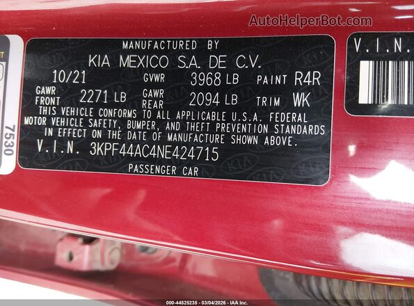 3KPF44AC4NE424715 2022 KIA FORTE Красный Вид подкапотного пространства