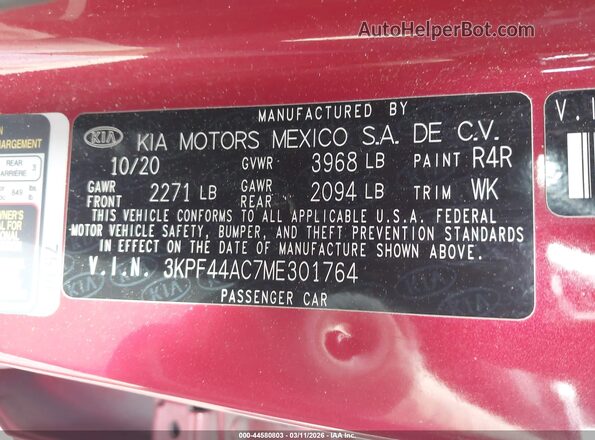 3KPF44AC7ME301764 2021 KIA FORTE Red Շարժիչի բաժամունքի տեսք