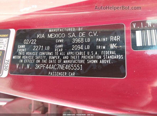 3KPF44AC7NE465551 2022 KIA FORTE Red Engine compartment view