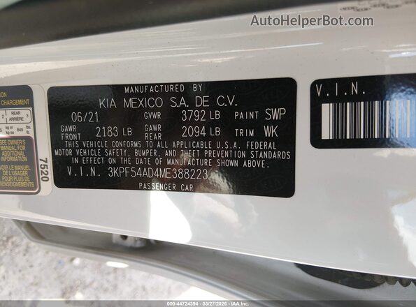 3KPF54AD4ME388223 2021 KIA FORTE White Widok komory silnika