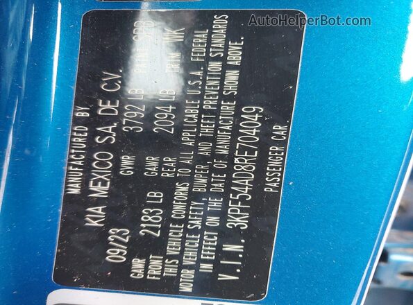 3KPF54AD8RE704049 2024 KIA FORTE Blue Вид наклейки з VIN-кодом