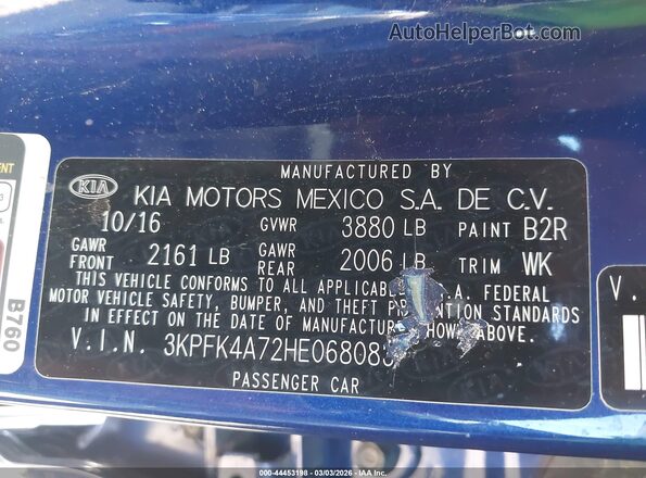 3KPFK4A72HE068083 2017 KIA FORTE Blue ძრავის განყოფილების ხედი