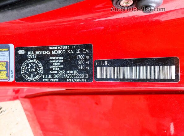 3KPFL4A73JE222013 2018 KIA FORTE Красный Вид наклейки с VIN-кодом