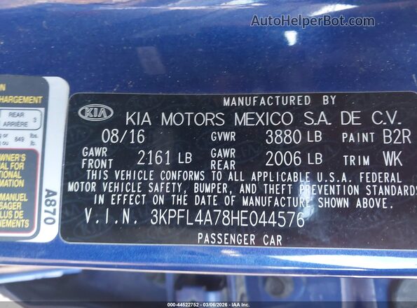 3KPFL4A78HE044576 2017 KIA FORTE Blue Вид підкапотного простору