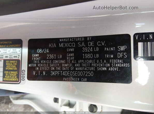 3KPFT4DE0SE007250 2025 KIA K4 Белый Вид подкапотного пространства