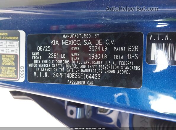 3KPFT4DE3SE164433 2025 KIA K4 Blue Engine compartment view