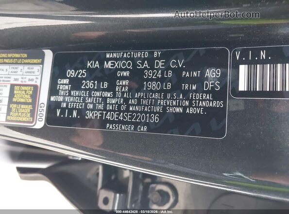 3KPFT4DE4SE220136 2025 KIA K4 Серый Вид подкапотного пространства