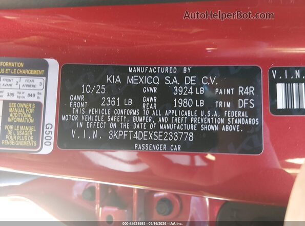3KPFT4DEXSE233778 2025 KIA K4 Красный Вид подкапотного пространства