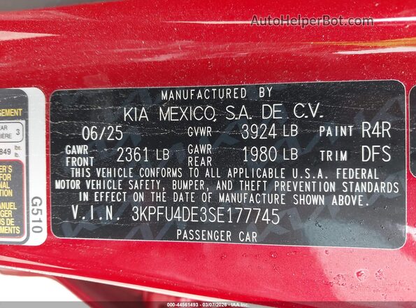 3KPFU4DE3SE177745 2025 KIA K4 Red Вид підкапотного простору