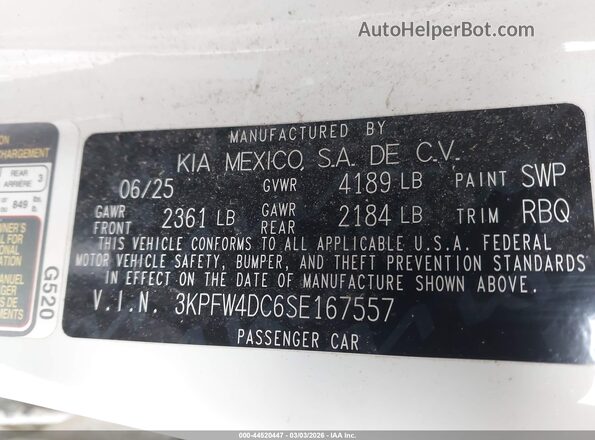 3KPFW4DC6SE167557 2025 KIA K4 White Շարժիչի բաժամունքի տեսք