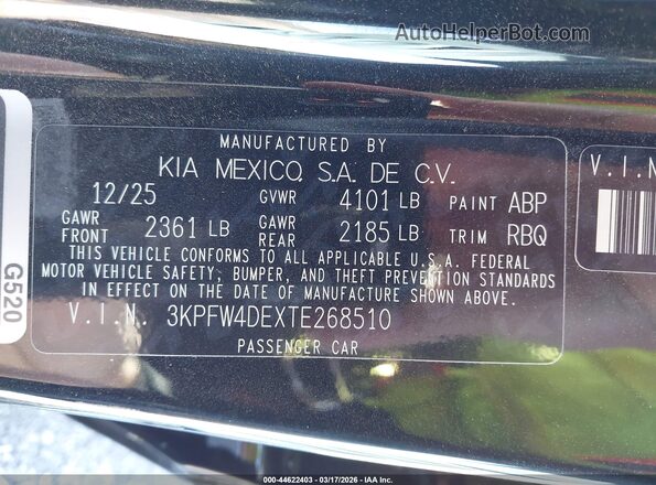 3KPFW4DEXTE268510 2026 KIA K4 Black ძრავის განყოფილების ხედი