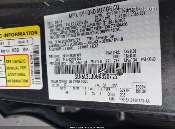 3LN6L2LU0GR620722 2016 LINCOLN MKZ HYBRID Gray Widok komory silnika