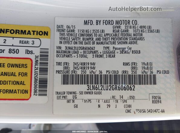 3LN6L2LU2GR606062 2016 LINCOLN MKZ HYBRID White Вид підкапотного простору