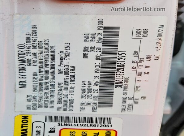 3LN6L5E92LR612951 2020 LINCOLN MKZ White 