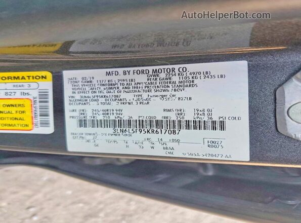 3LN6L5F95KR617087 2019 LINCOLN MKZ Серый 