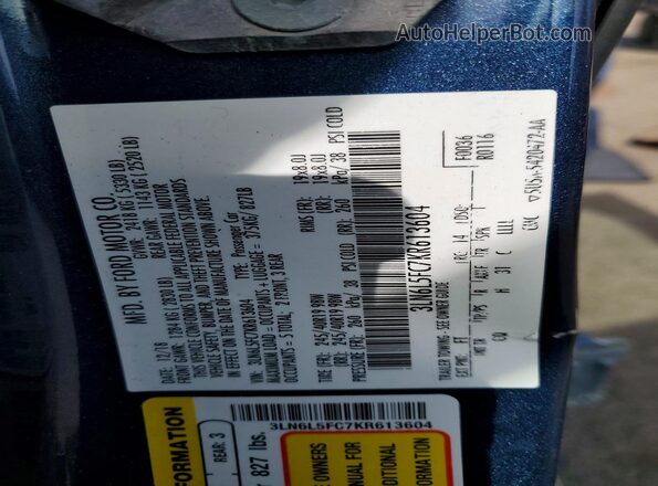 3LN6L5FC7KR613604 2019 LINCOLN MKZ Blue VIN sticker view