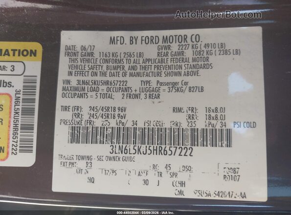 3LN6L5KU5HR657222 2017 LINCOLN MKZ HYBRID Maroon ძრავის განყოფილების ხედი