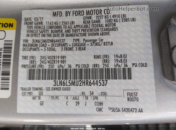 3LN6L5MU2HR644537 2017 LINCOLN MKZ HYBRID Silver Շարժիչի բաժամունքի տեսք