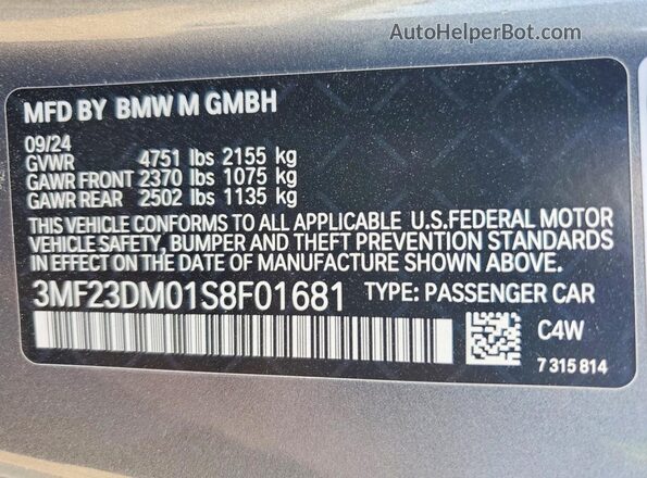 3MF23DM01S8F01681 2025 BMW M2 Gray VIN sticker view