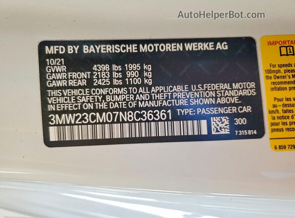 3MW23CM07N8C36361 2022 BMW 2 SERIES White Vista del compartimento del motor