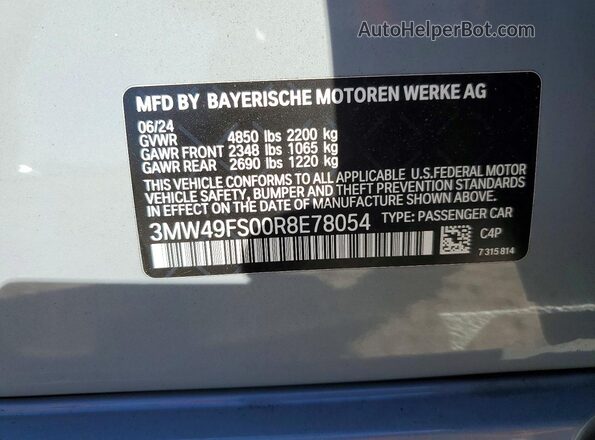 3MW49FS00R8E78054 2024 BMW M3 Teal Vista de la etiqueta del VIN