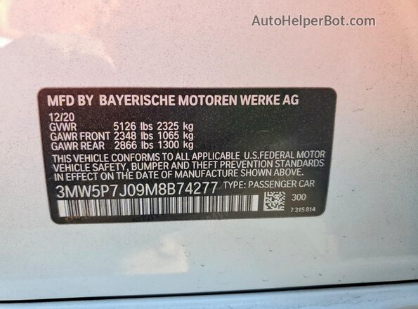 3MW5P7J09M8B74277 2021 BMW 7 SERIES White VIN კოდის სტიკერის ხედი