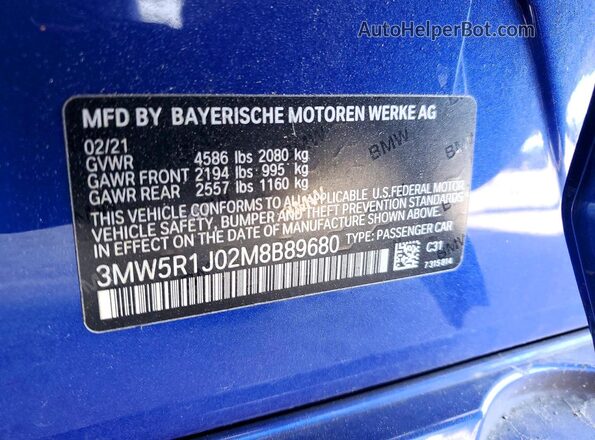 3MW5R1J02M8B89680 2021 BMW 7 SERIES Blue Вид наклейки з VIN-кодом