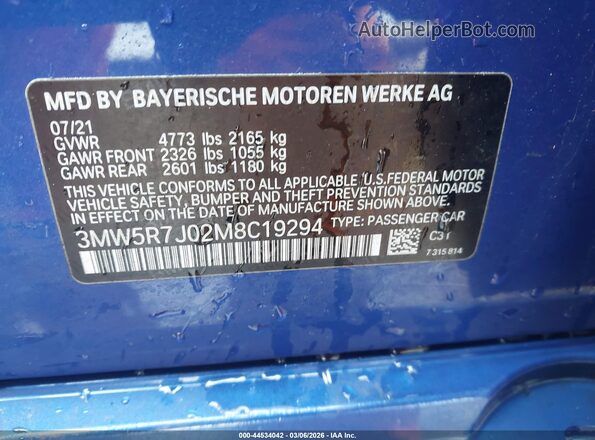 3MW5R7J02M8C19294 2021 BMW 7 SERIES Blue Вид підкапотного простору
