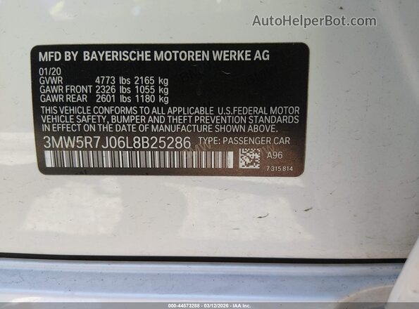 3MW5R7J06L8B25286 2020 BMW 3 SERIES White Vista del compartimento del motor