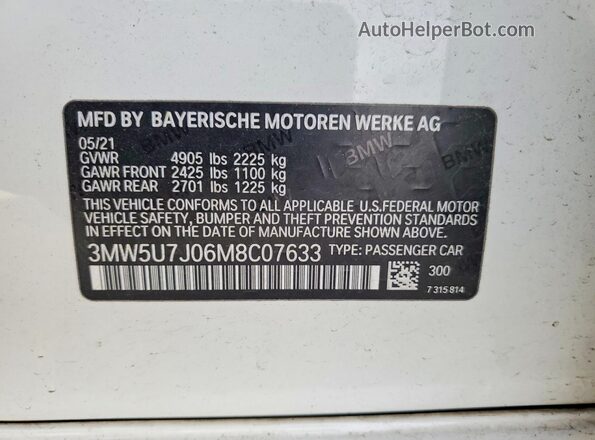 3MW5U7J06M8C07633 2021 BMW M3 White Շարժիչի բաժամունքի տեսք