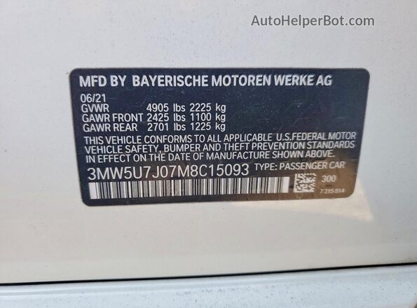 3MW5U7J07M8C15093 2021 BMW M3 White Շարժիչի բաժամունքի տեսք