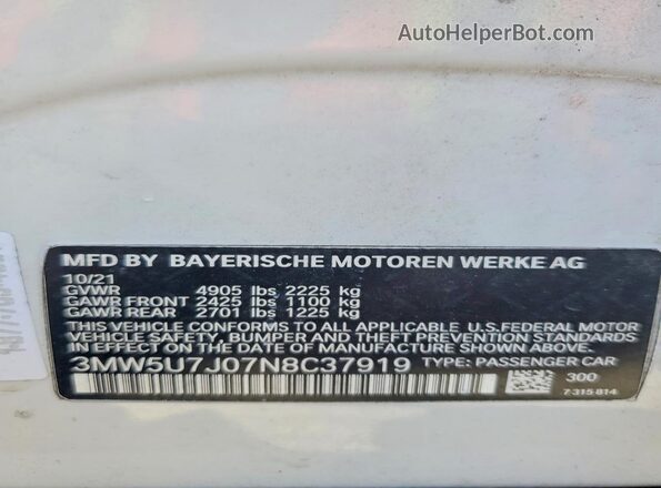 3MW5U7J07N8C37919 2022 BMW M3 White Вид наклейки з VIN-кодом
