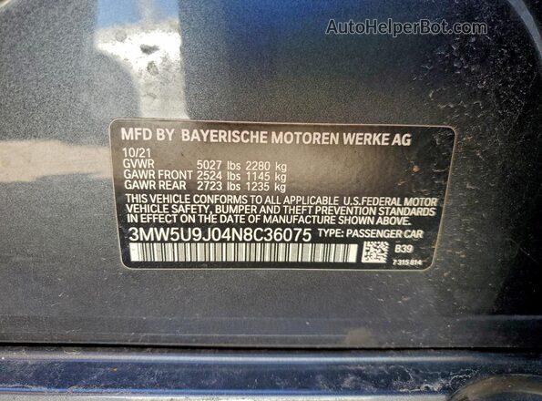 3MW5U9J04N8C36075 2022 BMW M3 Gray Vista del compartimento del motor