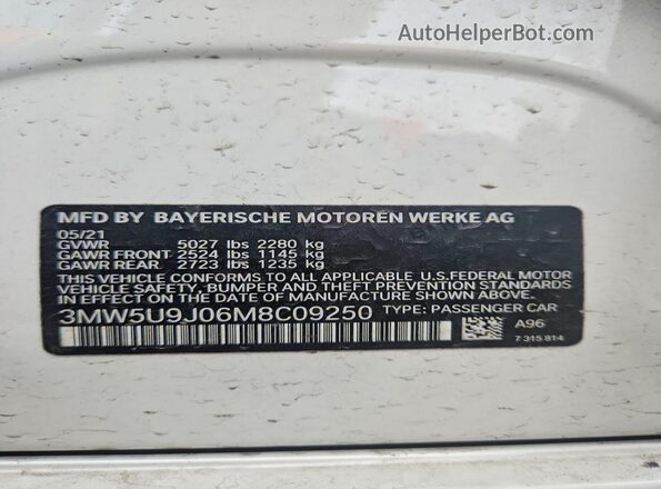 3MW5U9J06M8C09250 2021 BMW M3 White VIN კოდის სტიკერის ხედი