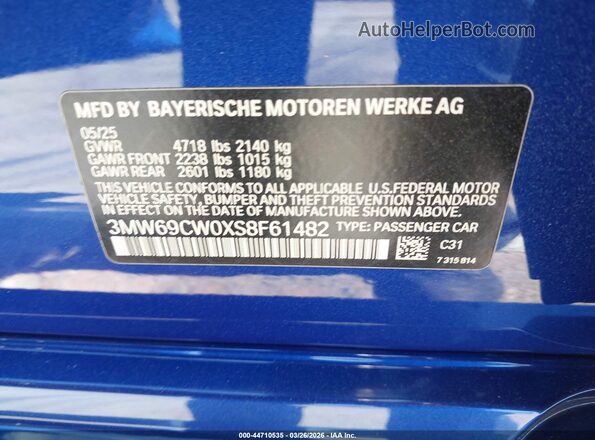 3MW69CW0XS8F61482 2025 BMW 3 SERIES Blue Engine compartment view