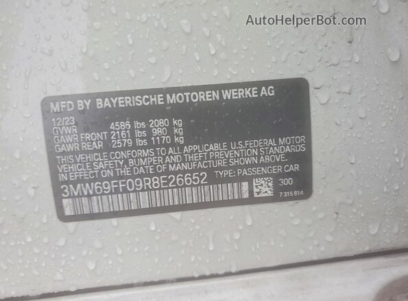 3MW69FF09R8E26652 2024 BMW 3 SERIES White VIN კოდის სტიკერის ხედი